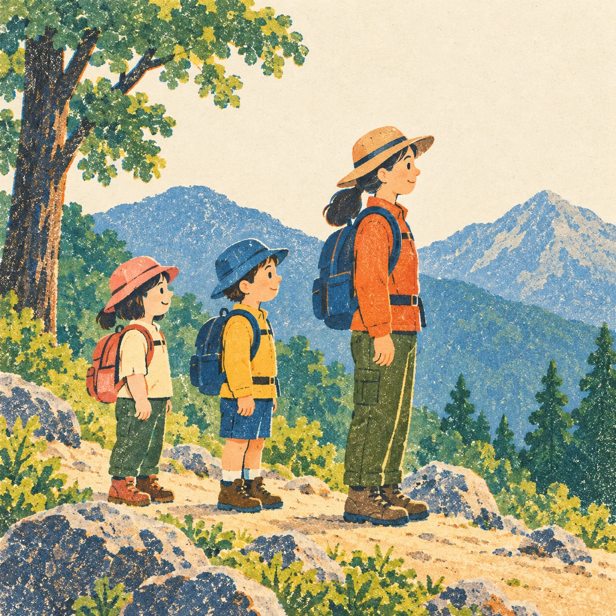 遠足で山道を歩く子どもたちと先生のイラスト(レトロ印刷)