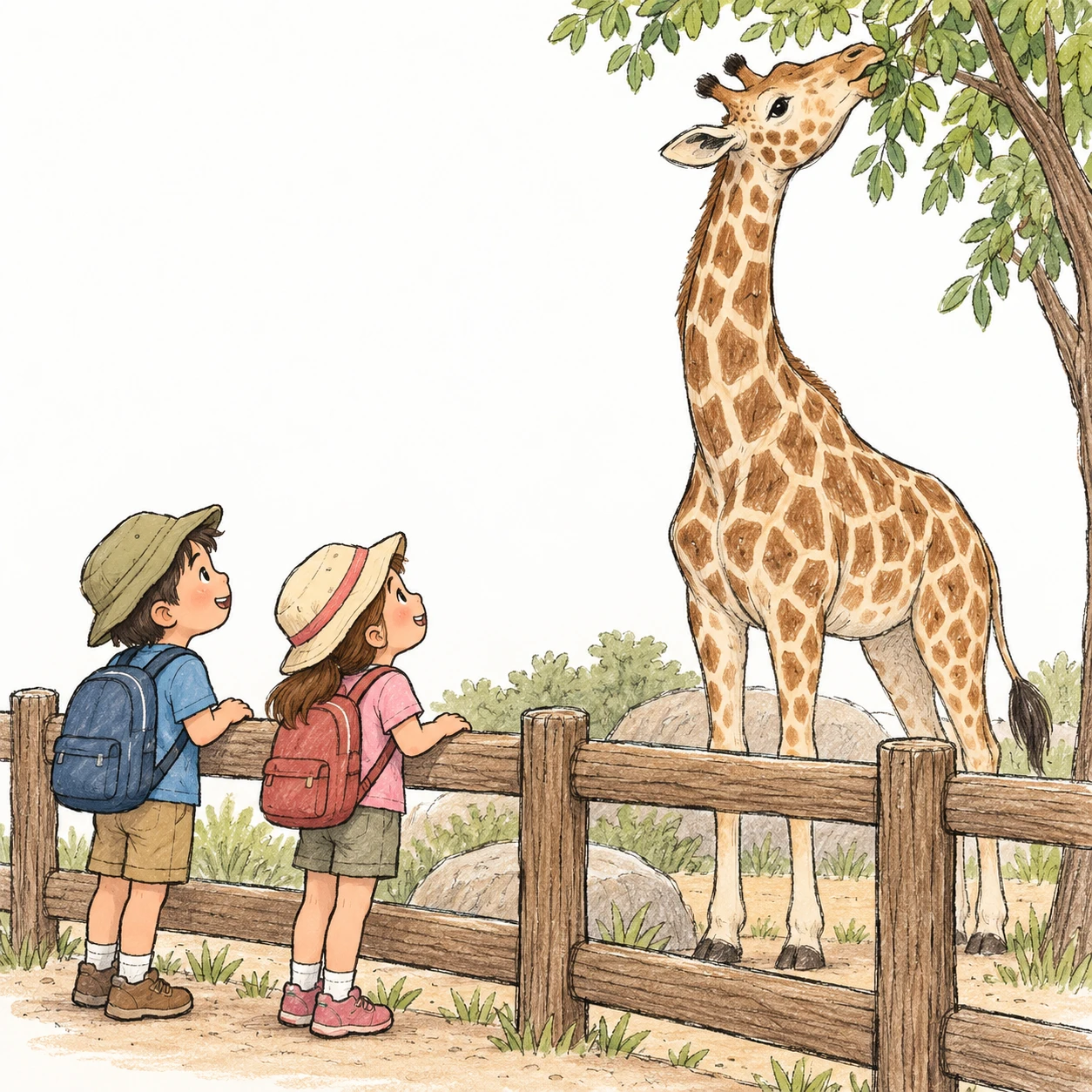 Illustration of children watching a giraffe at a zoo on a school trip (hand-drawn)