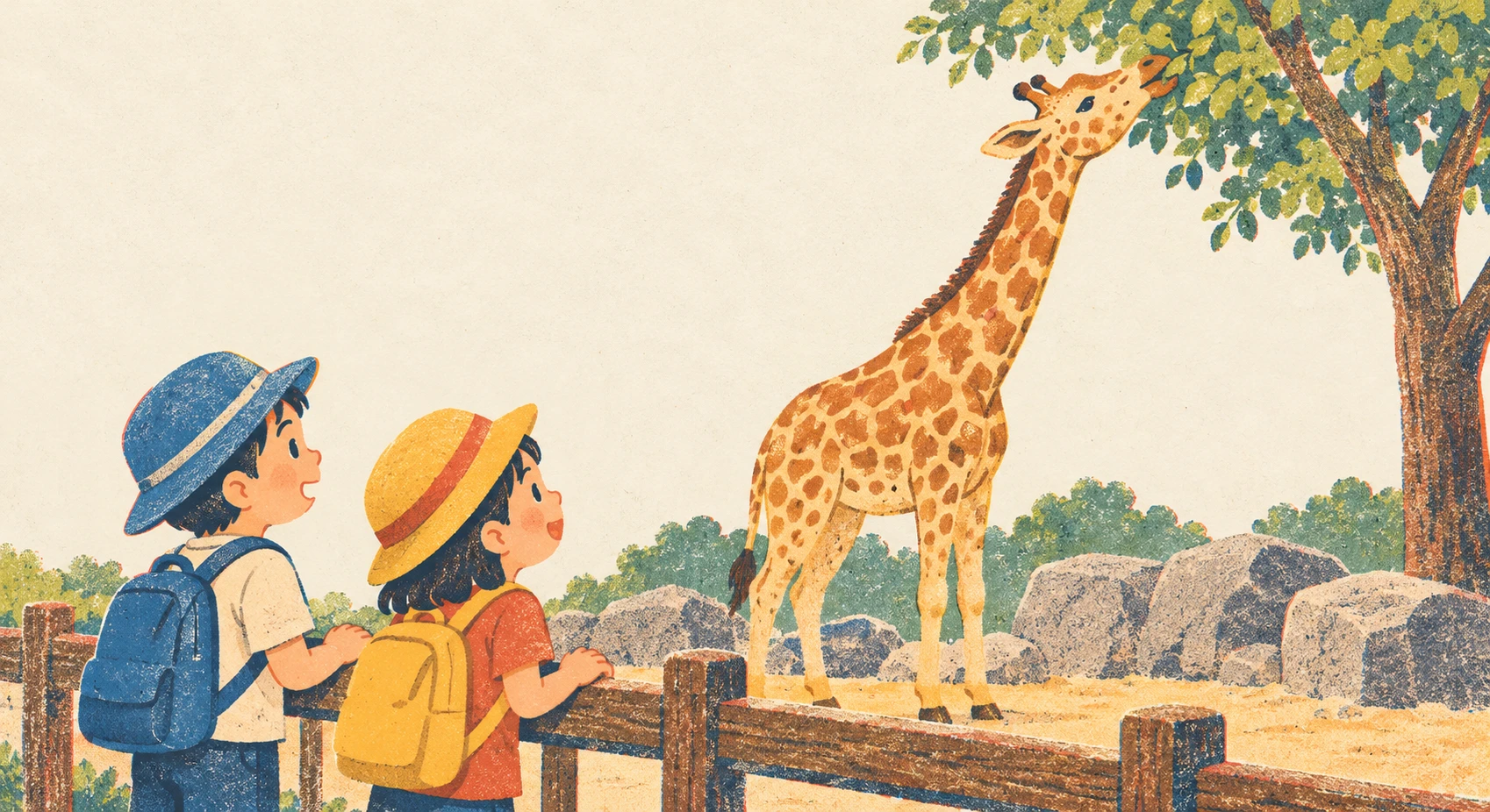 Illustration of children watching a giraffe at a zoo on a school trip (retro print)