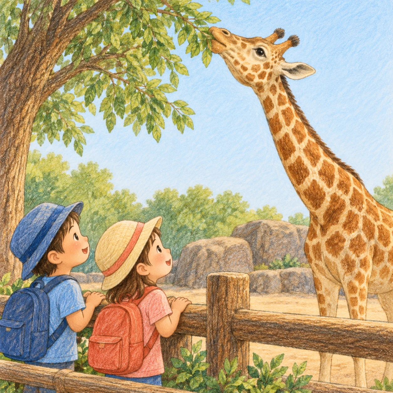 Illustration of children watching a giraffe at a zoo on a school trip (colored pencil)