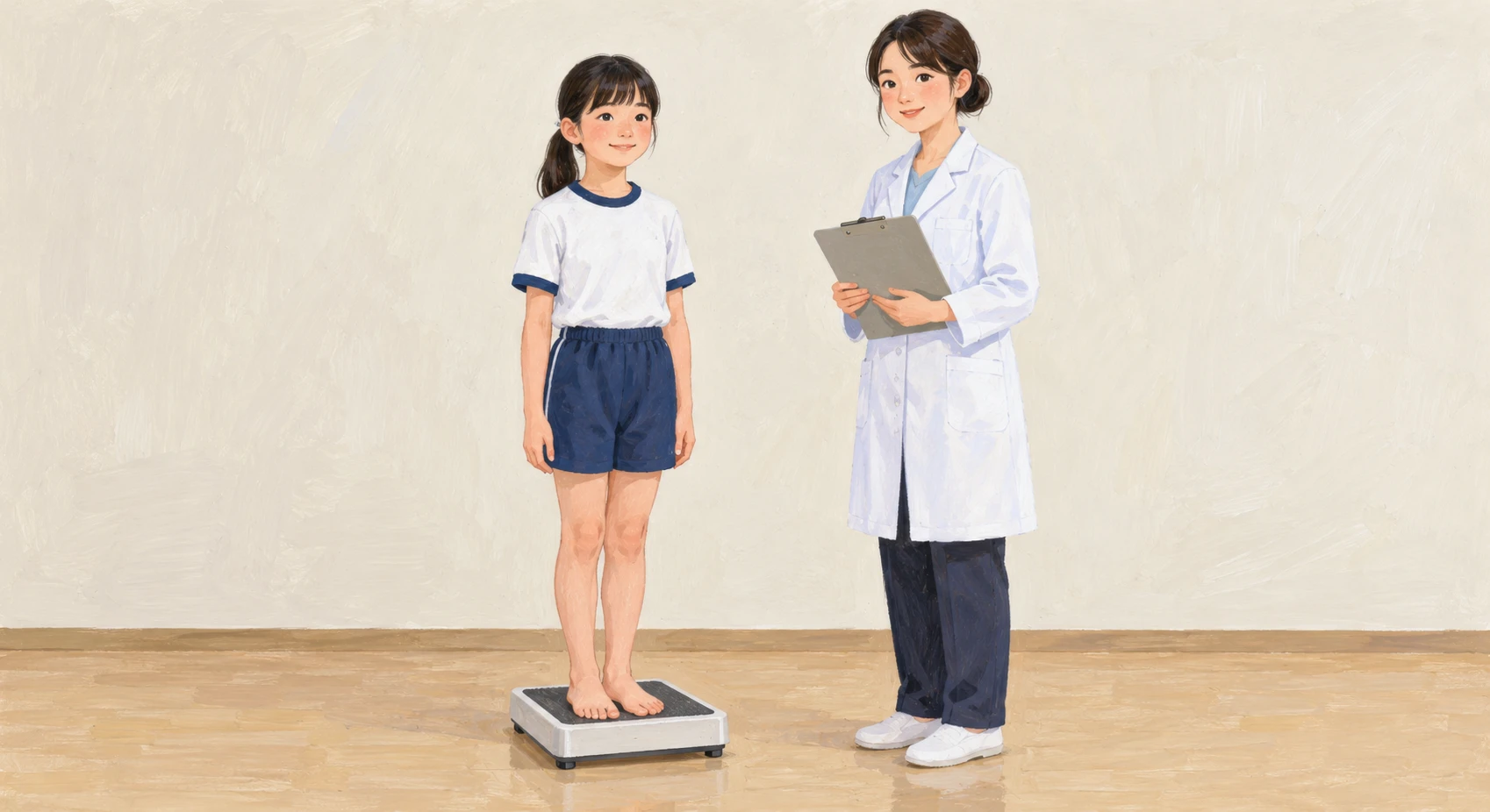 身体測定で体重を測る生徒のイラスト(グアッシュ)