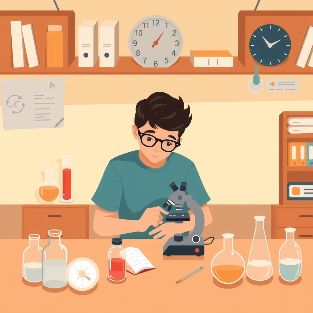 Flat illustration of a student doing a science experiment in a lab