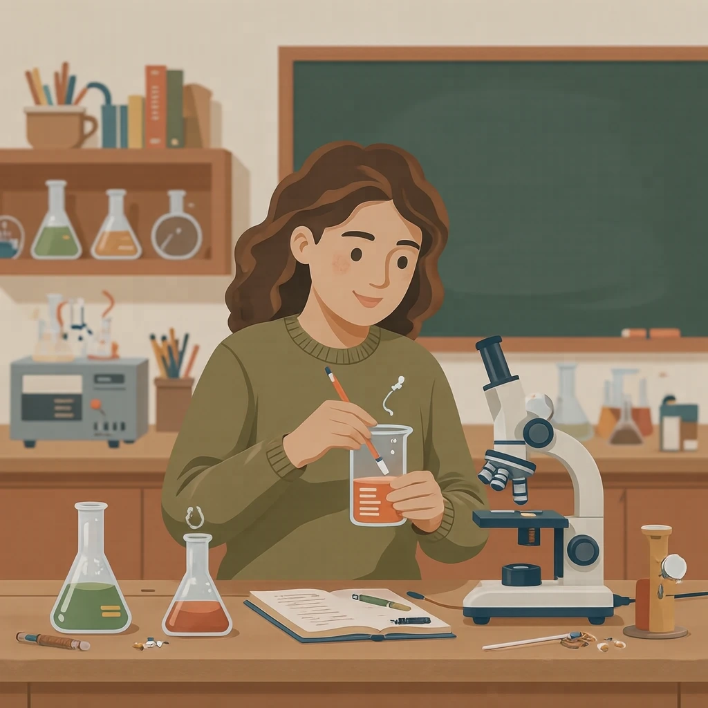 理科室で実験をする生徒のイラスト（フラットイラスト）