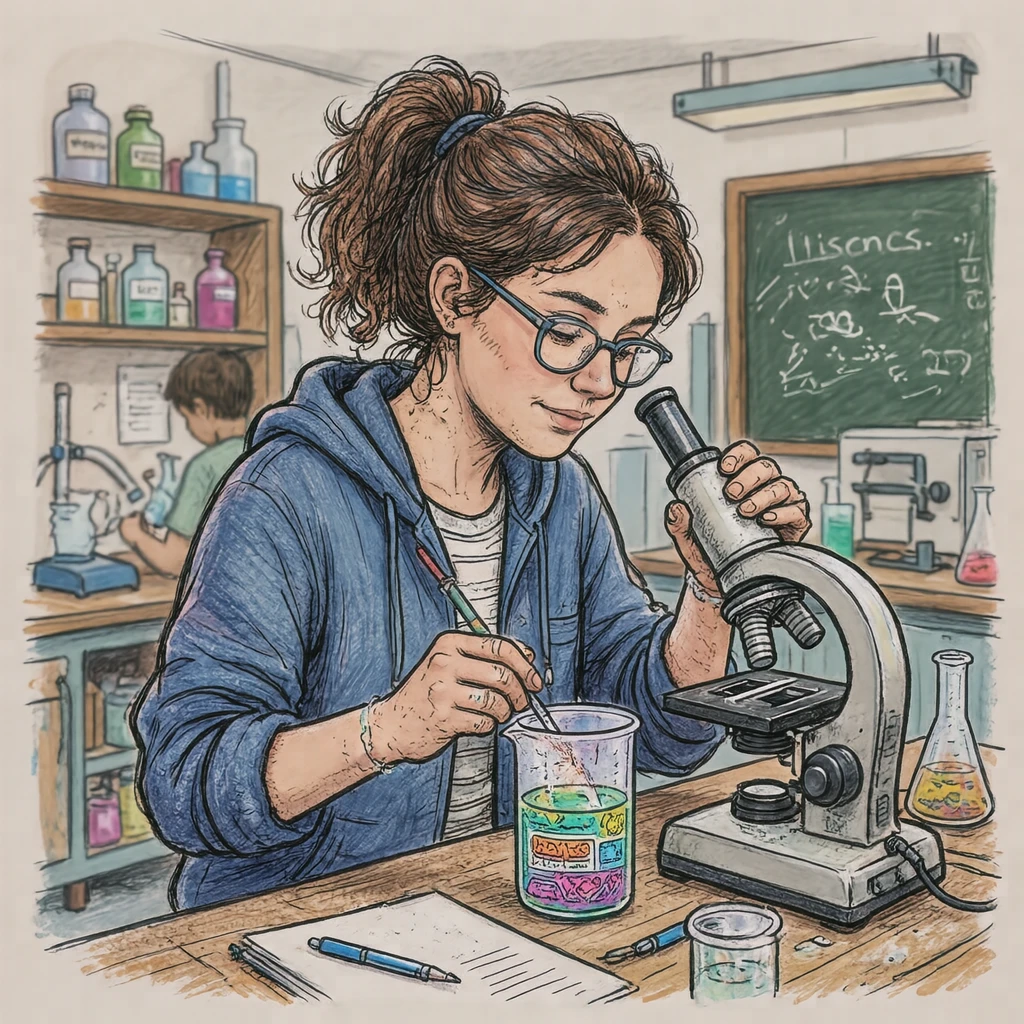 理科室で実験をする生徒のイラスト（手描き風）