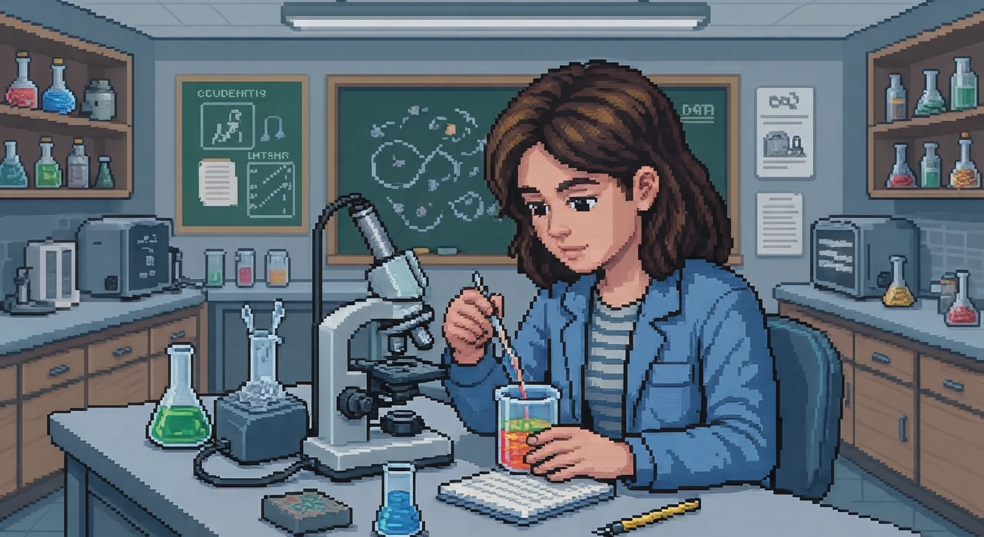 理科室で実験をする生徒のイラスト（ドット絵）