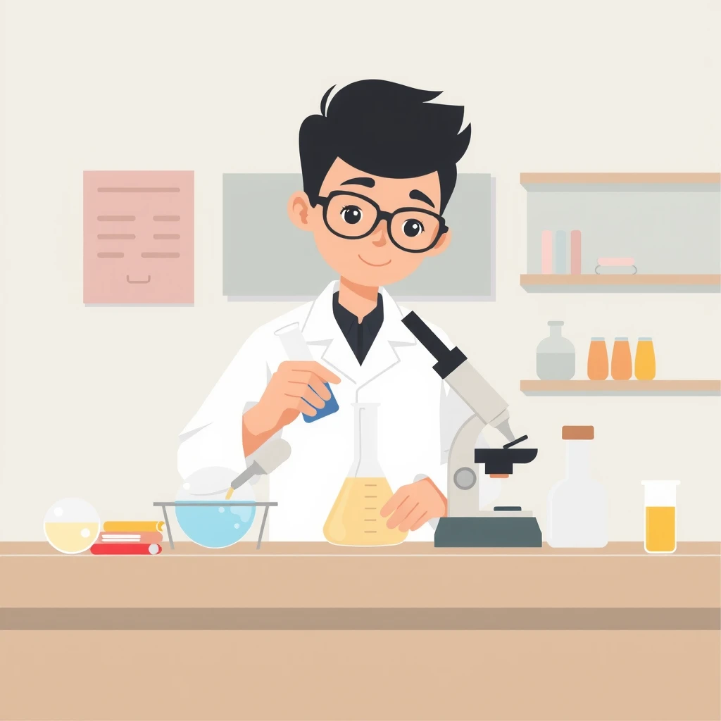 Flat illustration of a student doing a science experiment in a lab