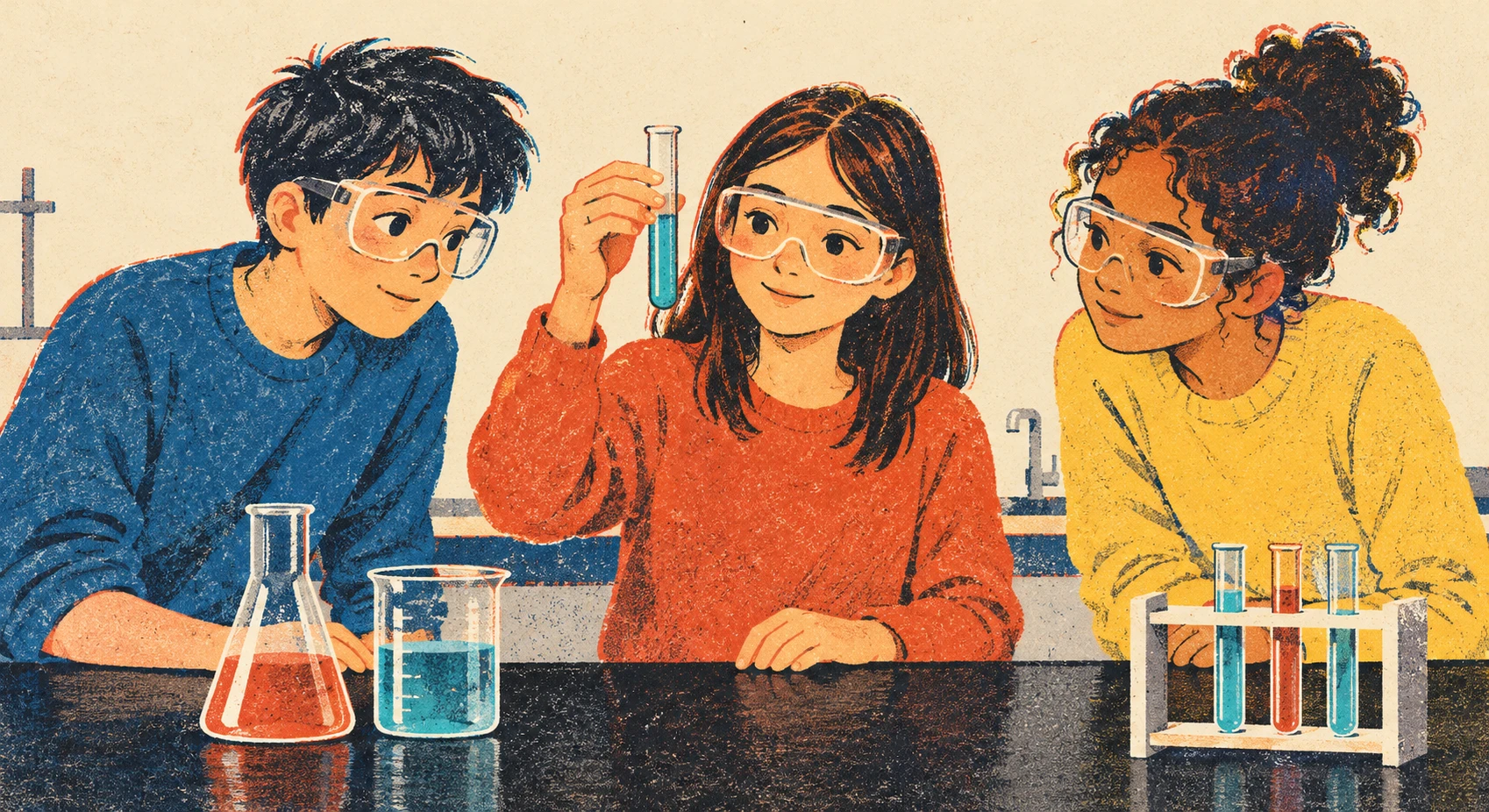 Illustration of a group of students doing an experiment in a science room (retro print)