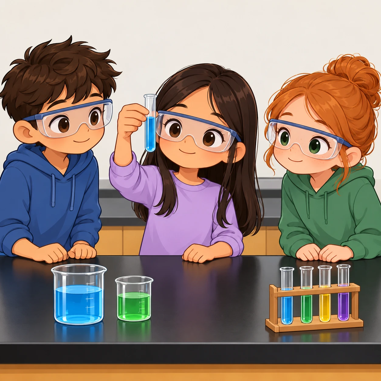 Illustration of a group of students doing an experiment in a science room (chibi)