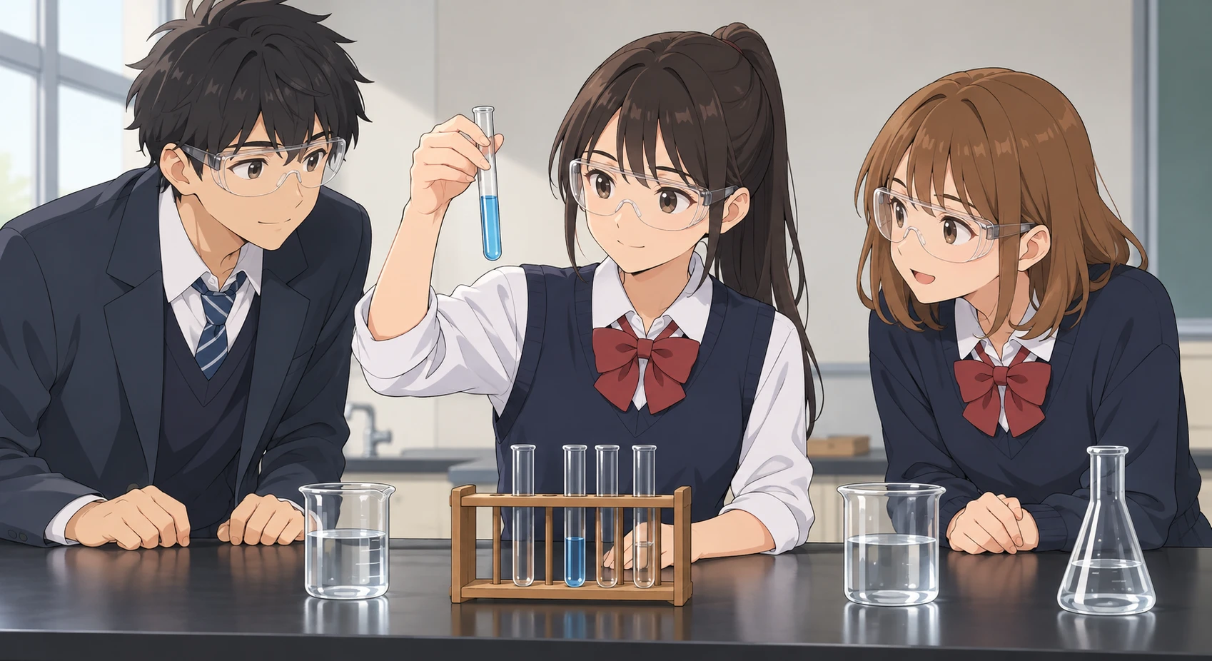 Illustration of a group of students doing an experiment in a science room (anime cel-shaded)