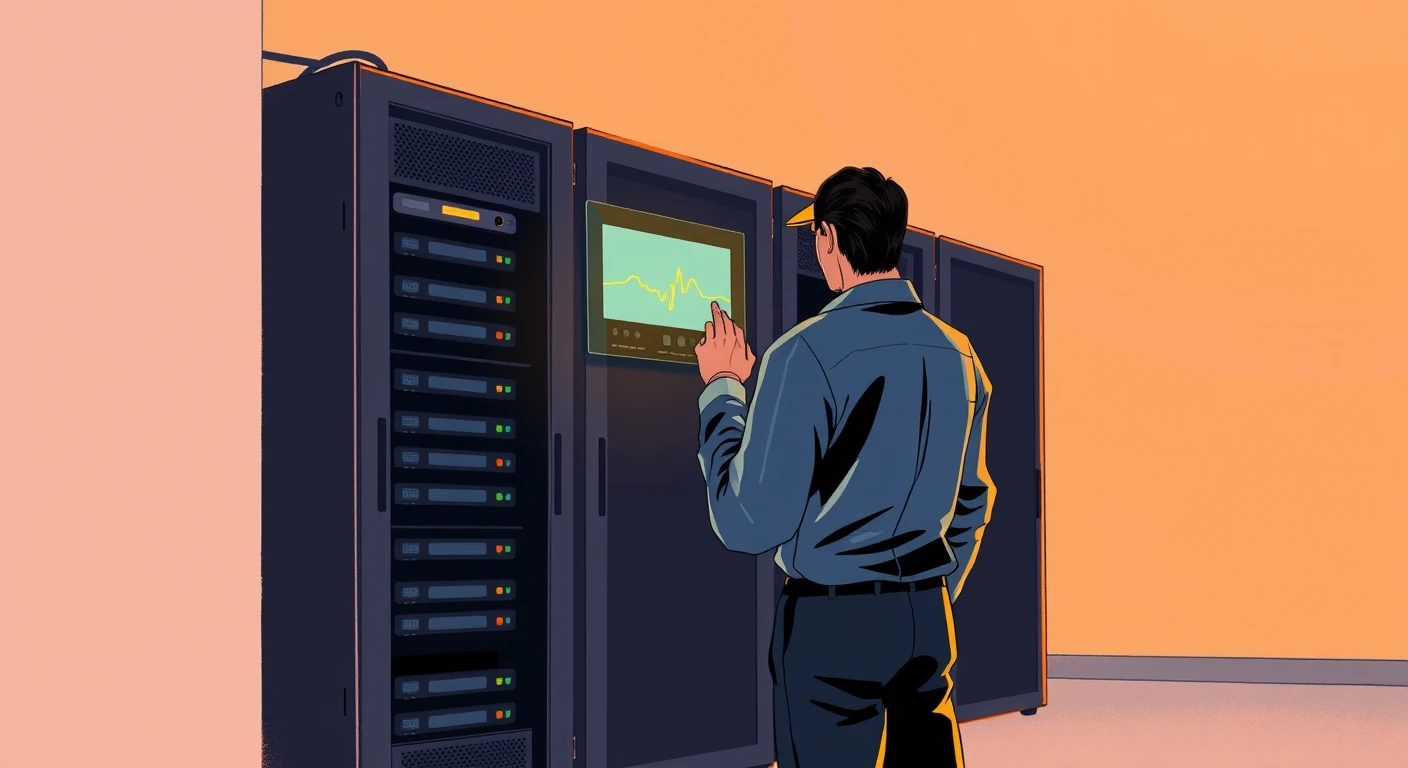 サーバーの警告を確認するエンジニアのグアッシュ画風イラスト