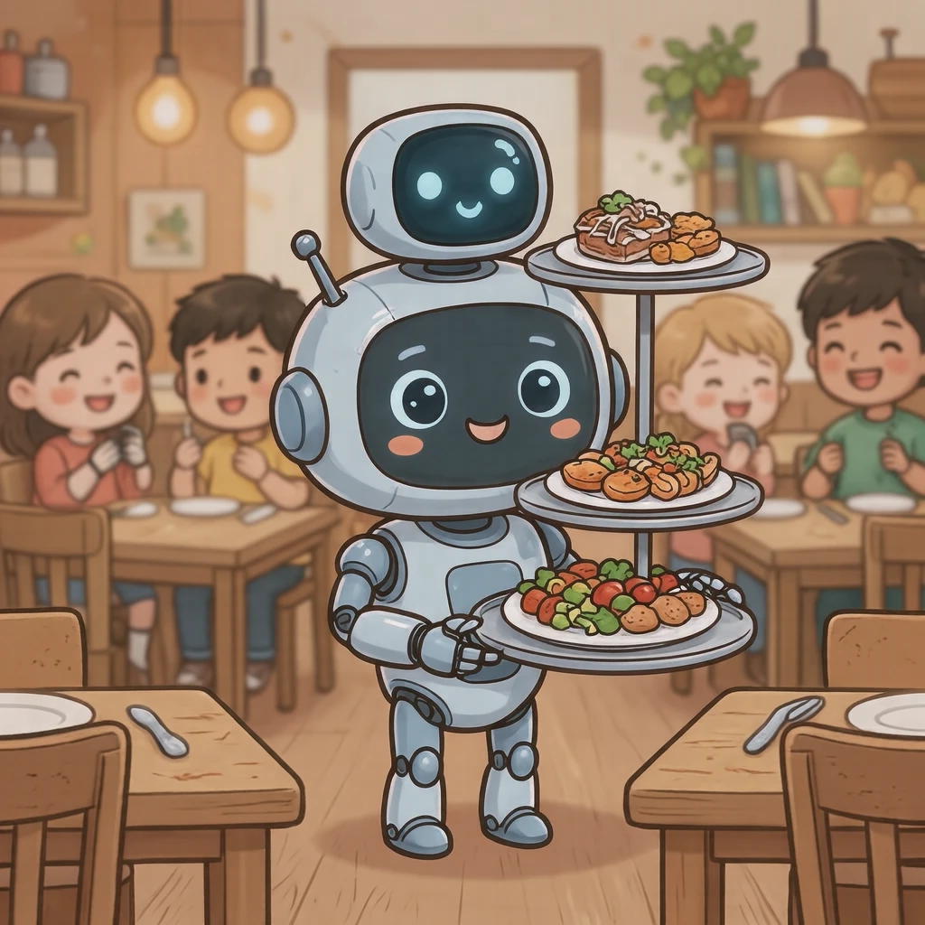 レストランで料理を運ぶ配膳ロボットのイラスト(デフォルメ)