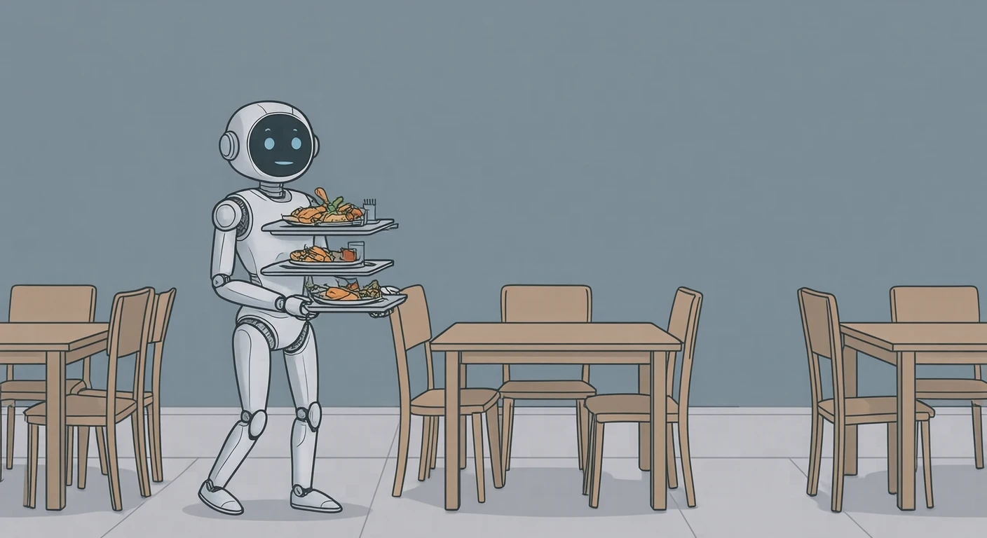 レストランで料理を運ぶ配膳ロボットのイラスト(シンプル線画)