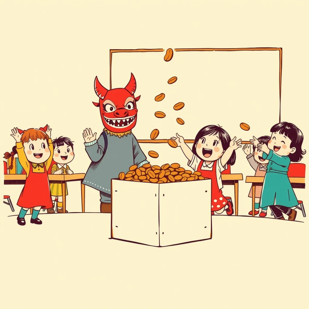 節分の豆まきをする子どもと鬼のお面をつけた大人のレトロ印刷風イラスト