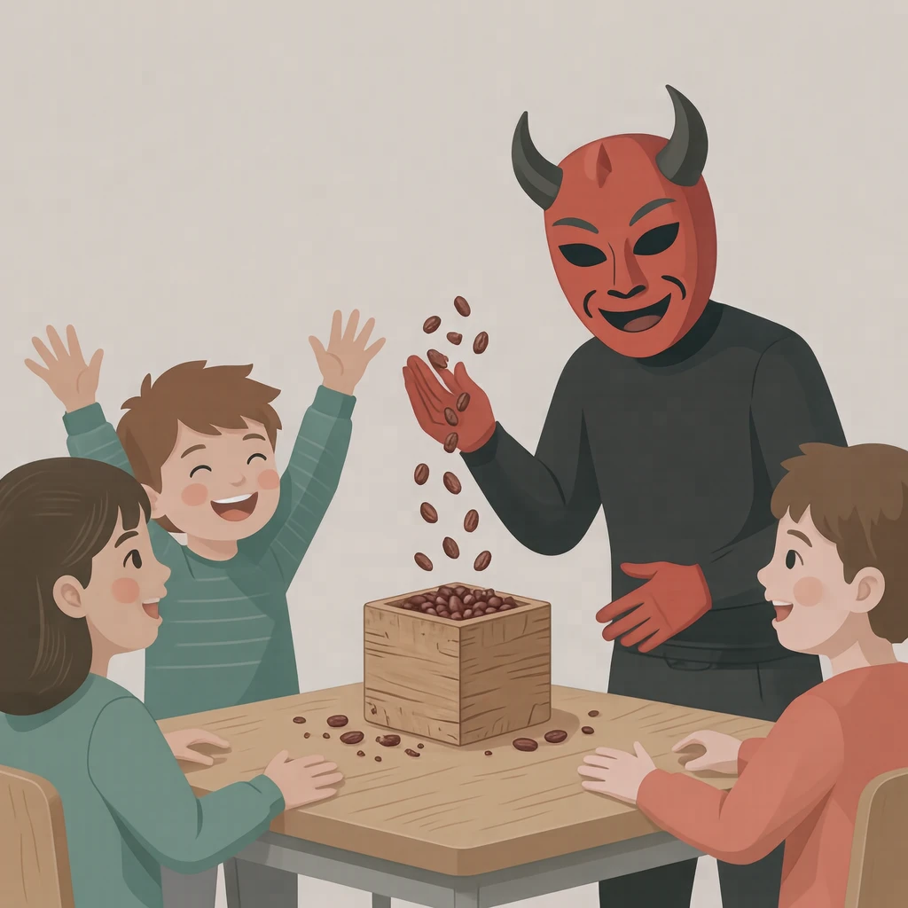 Illustration of children throwing beans at setsubun with an adult in a demon mask (flat illustration)
