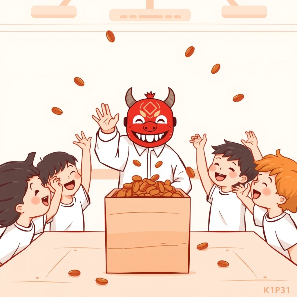 節分の豆まきをする子どもと鬼のお面をつけた大人のパステル調のイラスト