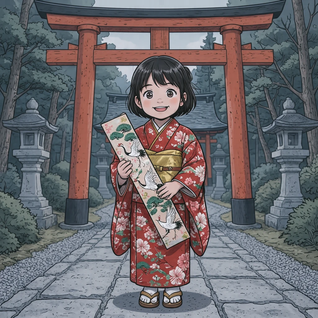 七五三で着物を着て千歳飴を持つ子どものイラスト(アニメ塗り)
