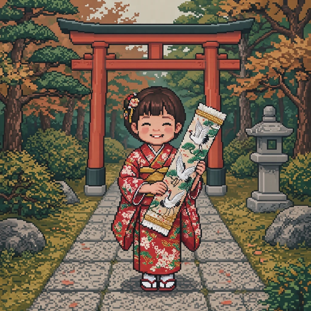 七五三节穿着和服、拿着千岁糖的孩子的插画（像素画）