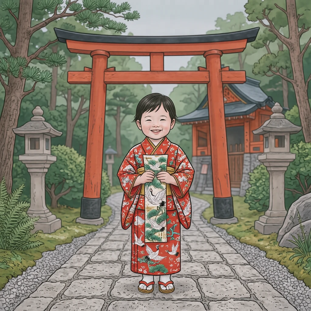 七五三节穿着和服、拿着千岁糖的孩子的插画（简约线描）
