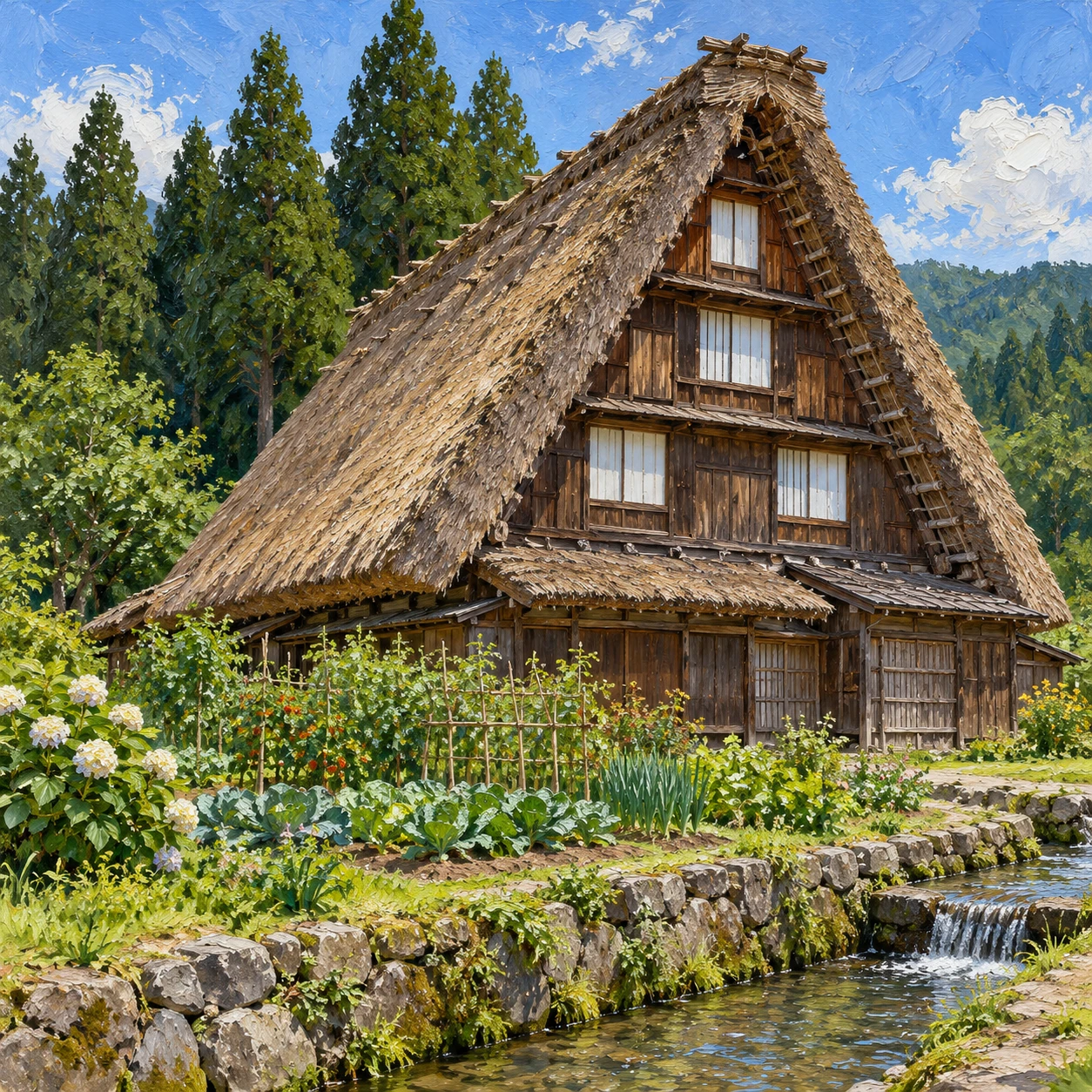 世界遺産・白川郷の合掌造りの家のイラスト（油彩）