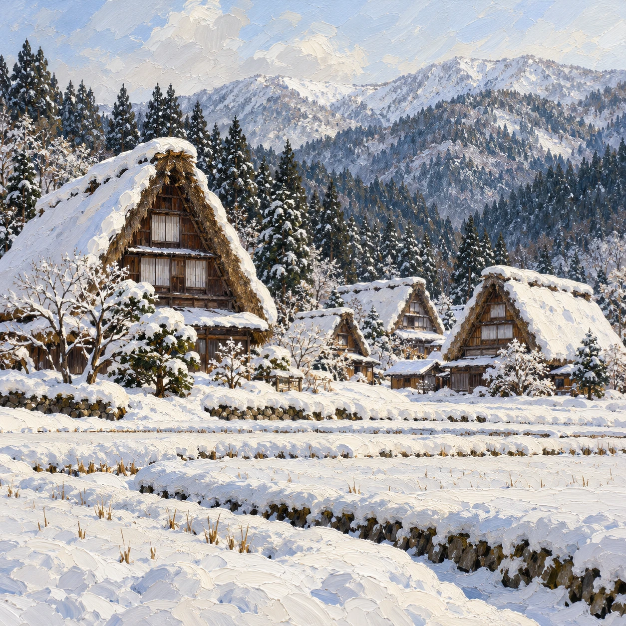 世界遺産・雪に包まれた白川郷の合掌造り集落のイラスト（油彩）