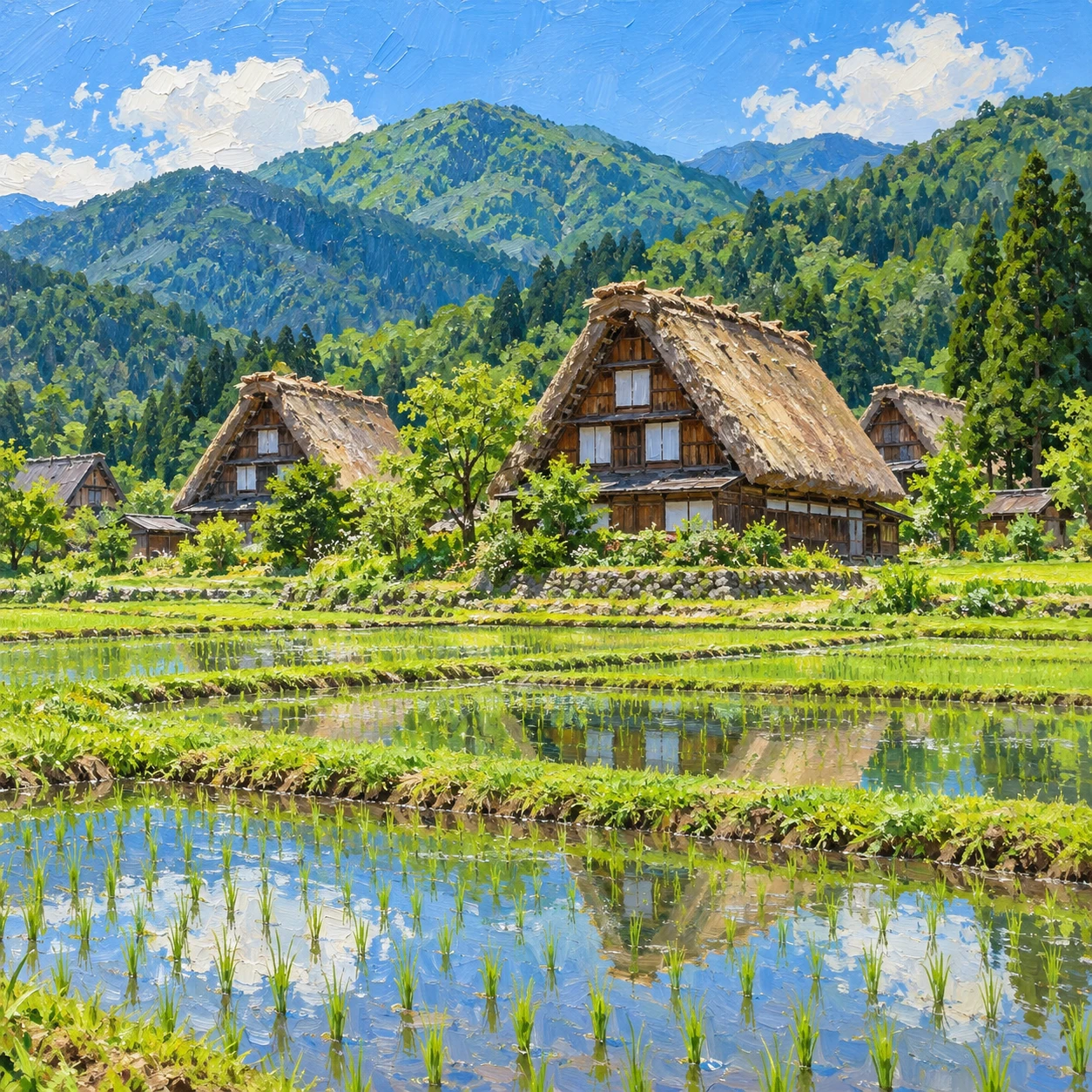 世界遺産・夏の田んぼと白川郷の合掌造りのイラスト（油彩）