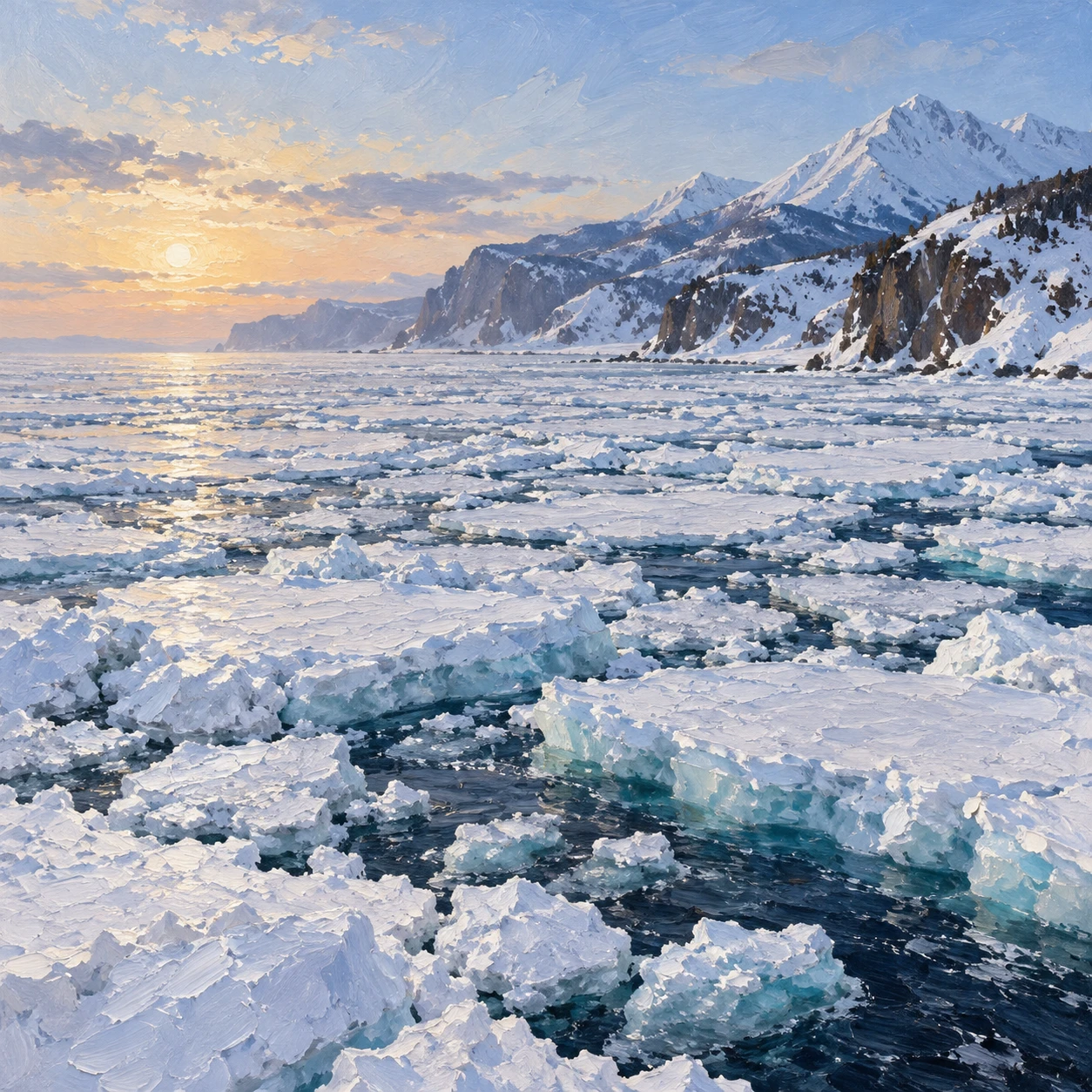 世界遺産・知床の流氷の海のイラスト（油彩）