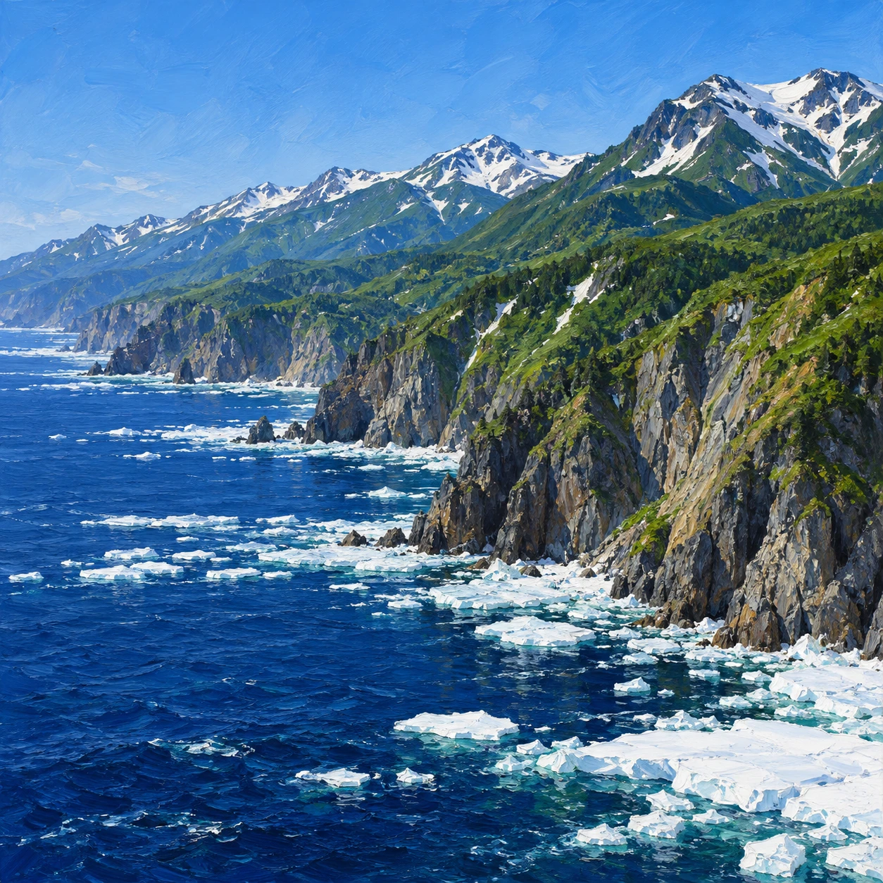 世界遺産・知床の山並みと海のイラスト（油彩）