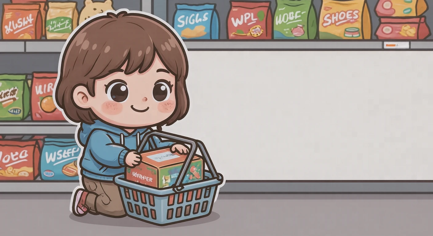 買い物のコンビニでかごに商品を入れる買い物客のイラスト（デフォルメ）
