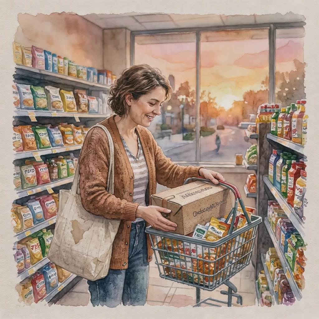 買い物のコンビニでかごに商品を入れる買い物客のイラスト（水彩）