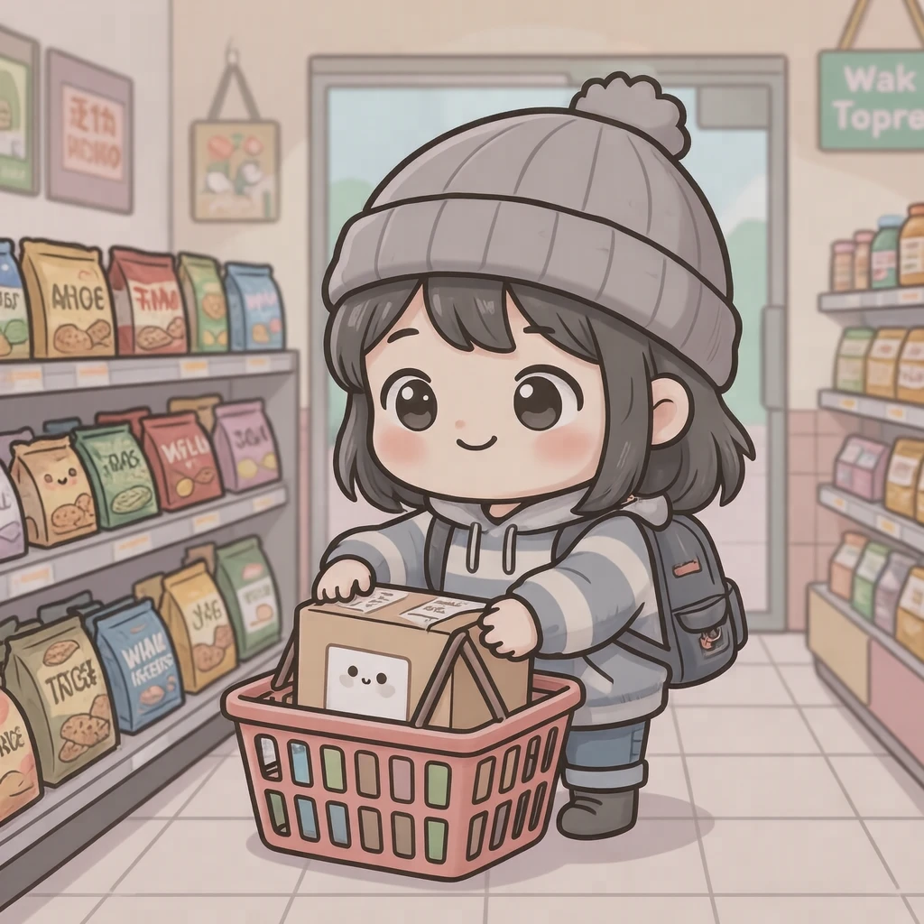 買い物のコンビニでかごに商品を入れる買い物客のイラスト（デフォルメ）