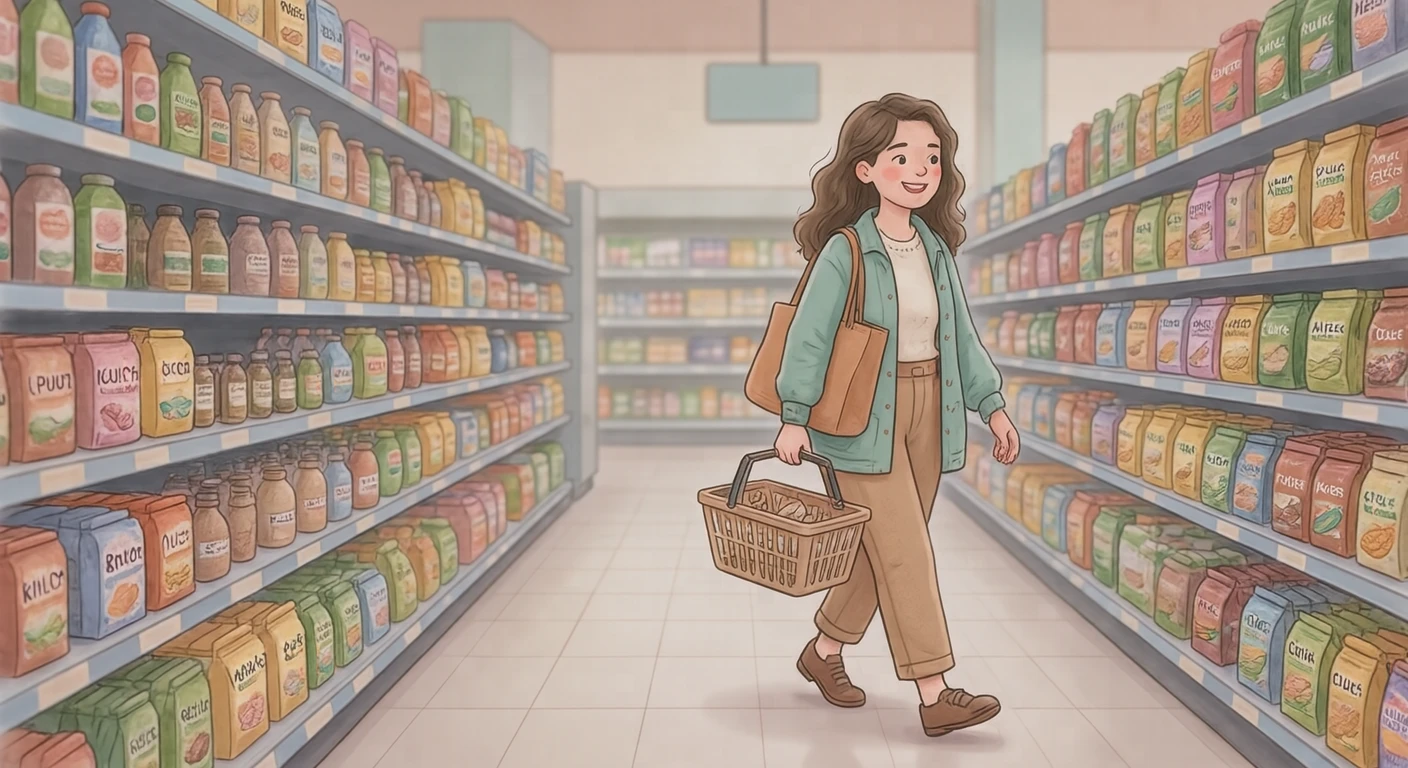 買い物のスーパーで買い物かごを持って歩く買い物客のイラスト（ソフトパステル）