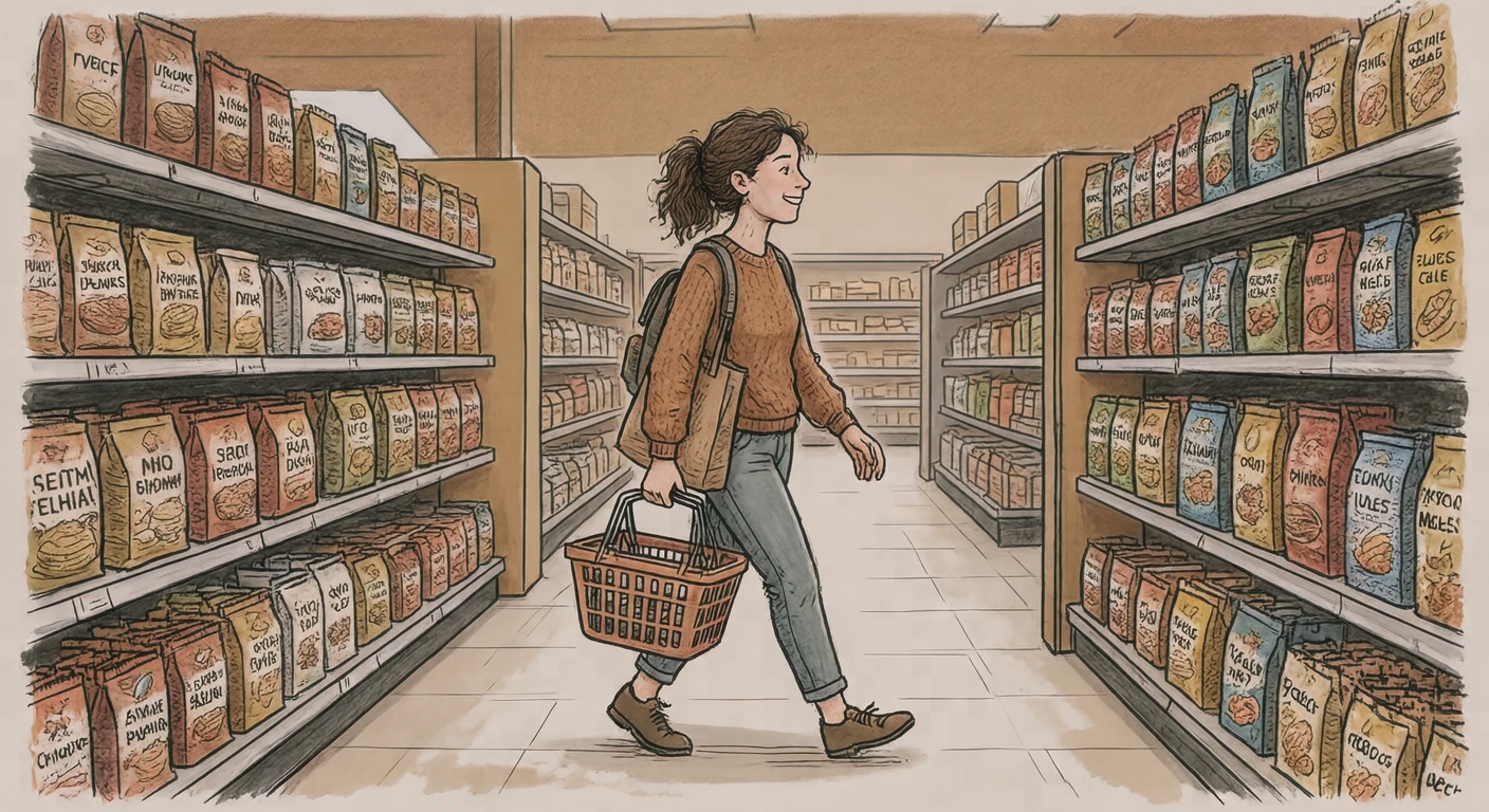 買い物のスーパーで買い物かごを持って歩く買い物客のイラスト（手描き風）