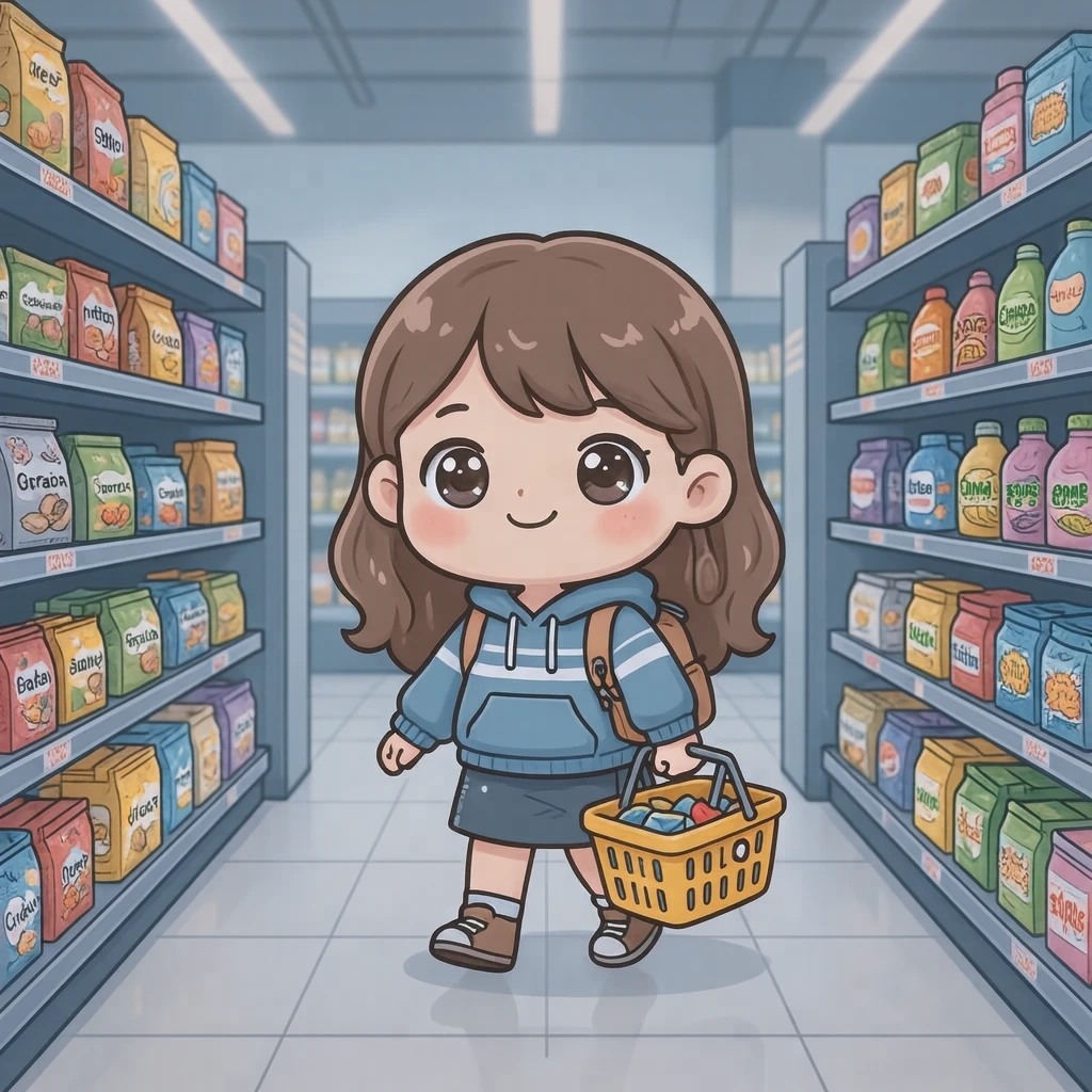 買い物のスーパーで買い物かごを持って歩く買い物客のイラスト（デフォルメ）