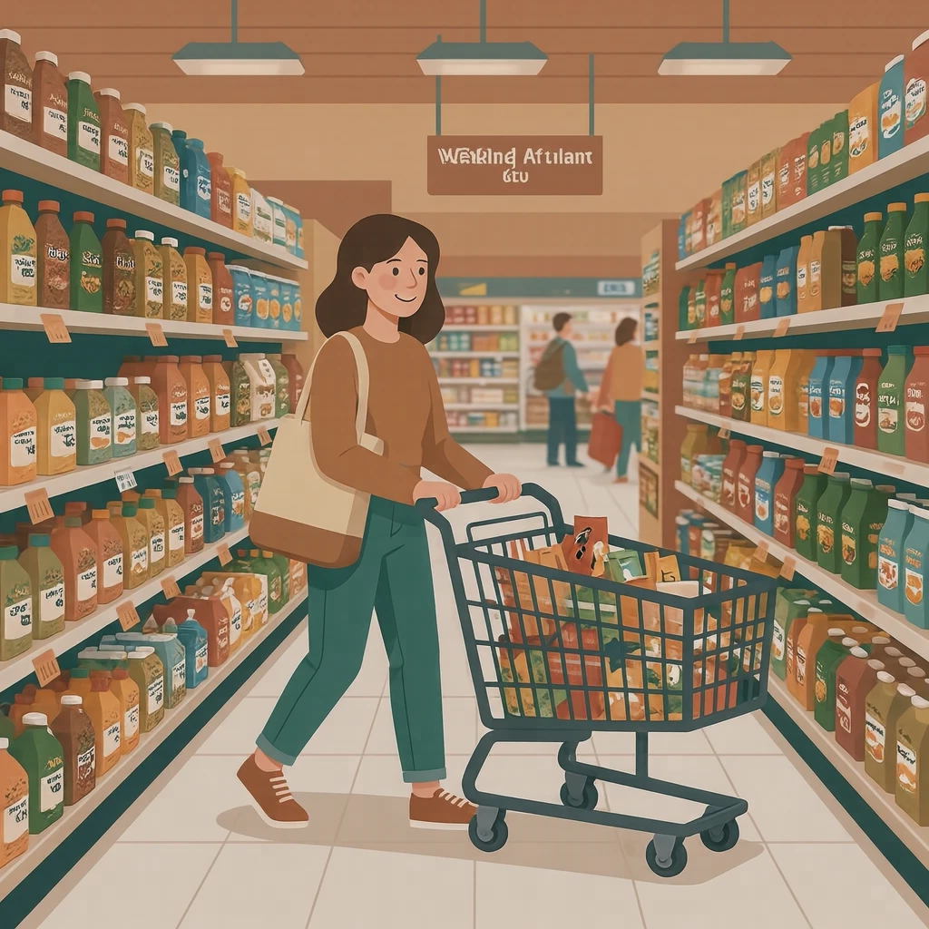 買い物のスーパーでカートを押す買い物客のイラスト（フラットイラスト）