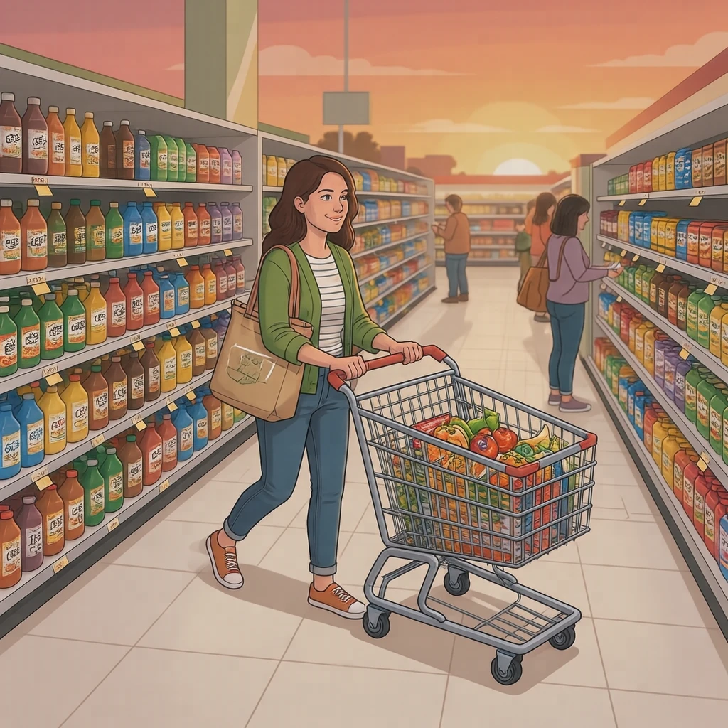 買い物のスーパーでカートを押す買い物客のイラスト（アイソメトリック）