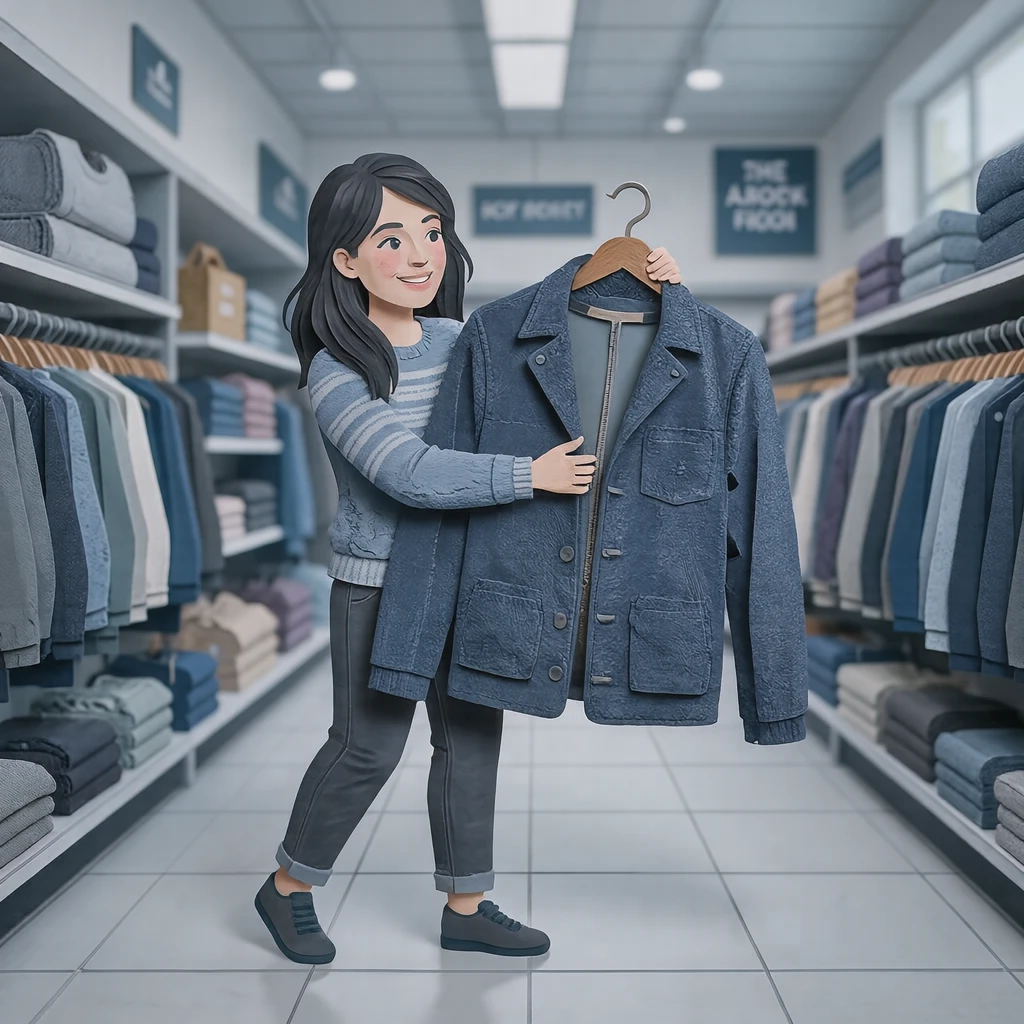 百貨店で服を手に取って見る買い物客のイラスト（切り絵）