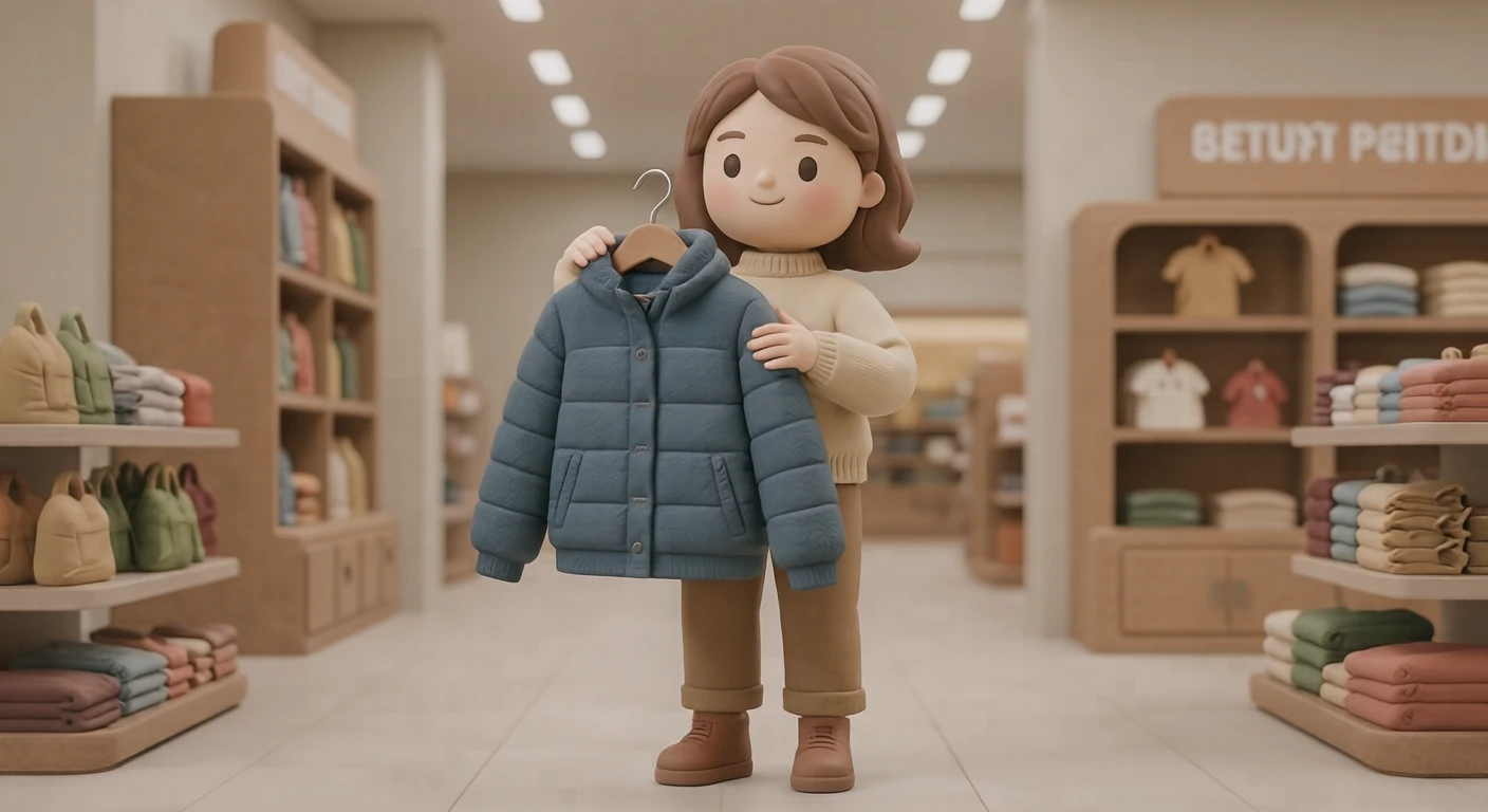 買い物の百貨店で服を手に取って見る買い物客のイラスト（ソフト3D）