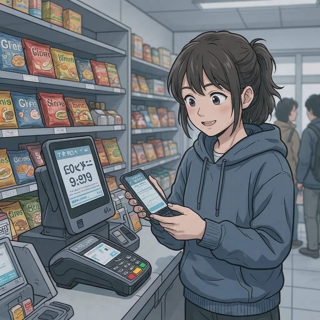 コンビニでスマホをかざして支払う買い物客のイラスト（アニメ塗り）