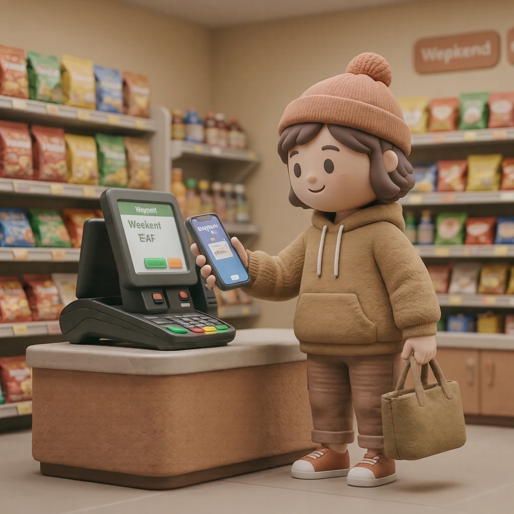 買い物のコンビニでスマホで支払う買い物客のイラスト（ソフト3D）