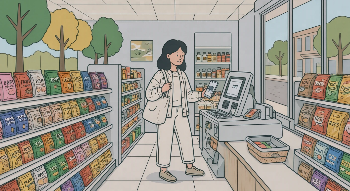 コンビニでスマホをかざして支払う買い物客のイラスト（シンプル線画）