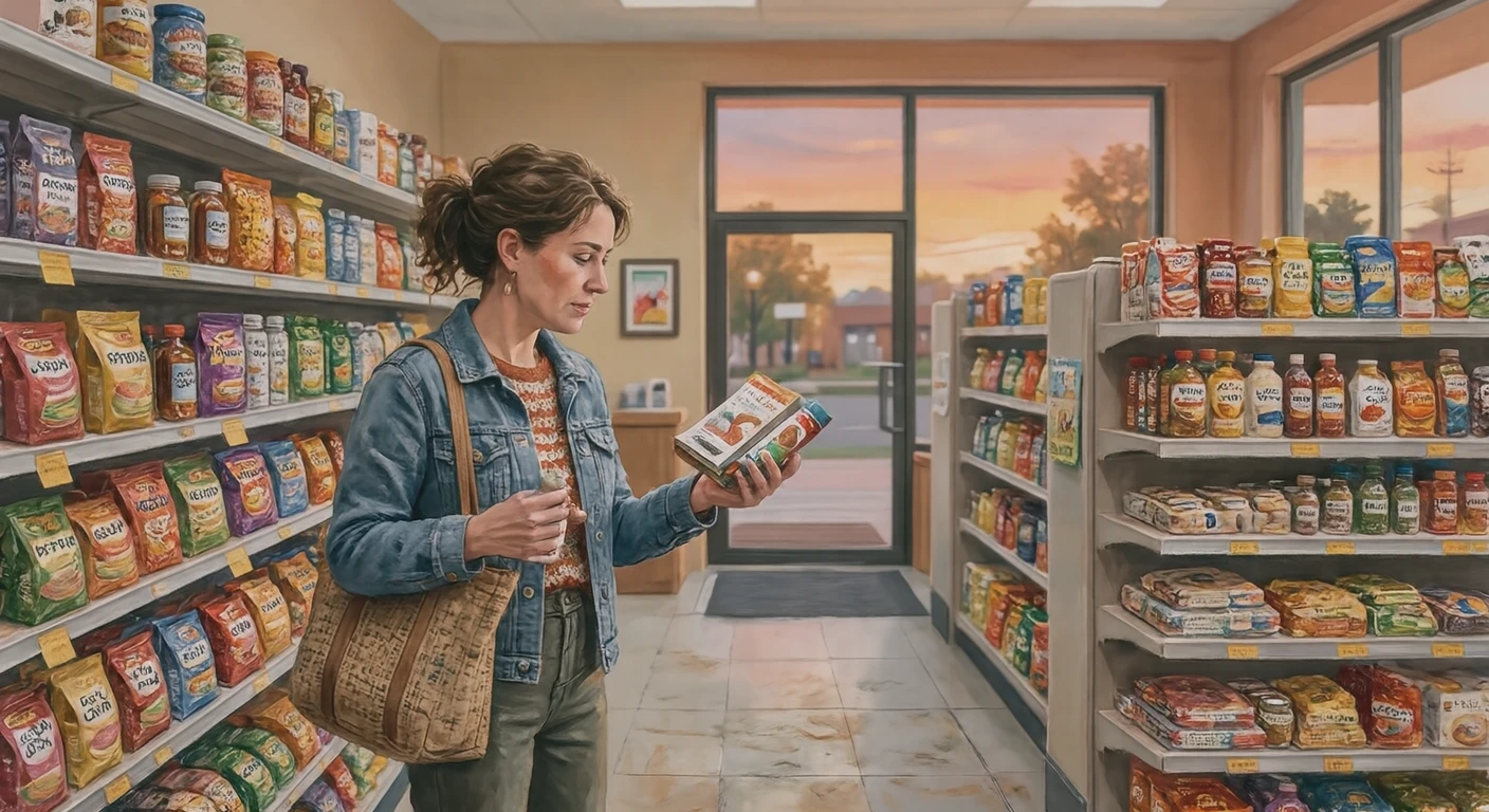 買い物のコンビニで棚の商品を見比べる買い物客のイラスト（グアッシュ）
