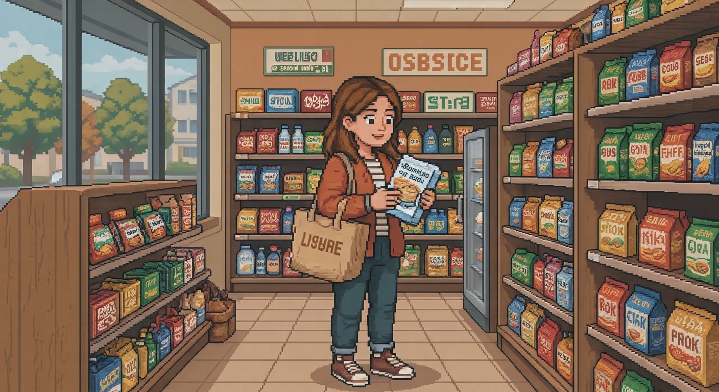 買い物のコンビニで棚の商品を見比べる買い物客のイラスト（ドット絵）