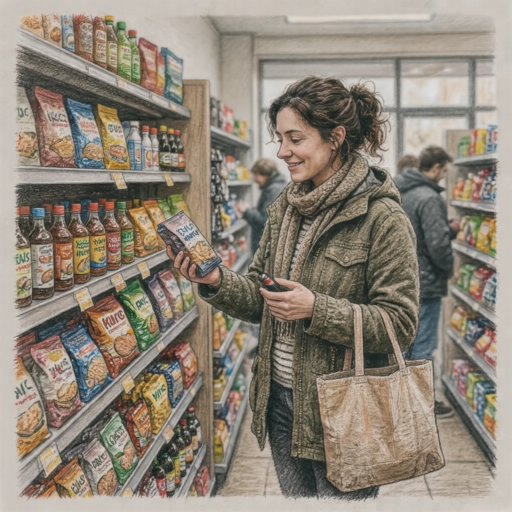 買い物のコンビニで棚の商品を見比べる買い物客のイラスト（色鉛筆）