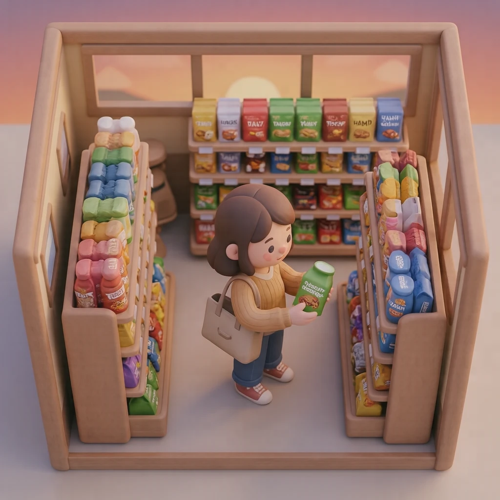Illustration of one shopper holding a product and looking at the shelf, in a small convenience store, on a weekend afternoon (soft 3D)