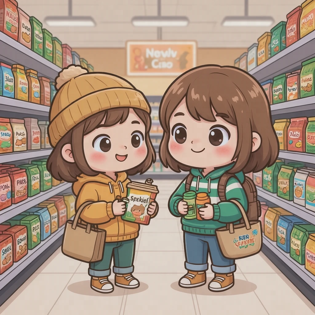 買い物のスーパーで棚の商品を見比べる買い物客のイラスト（デフォルメ）
