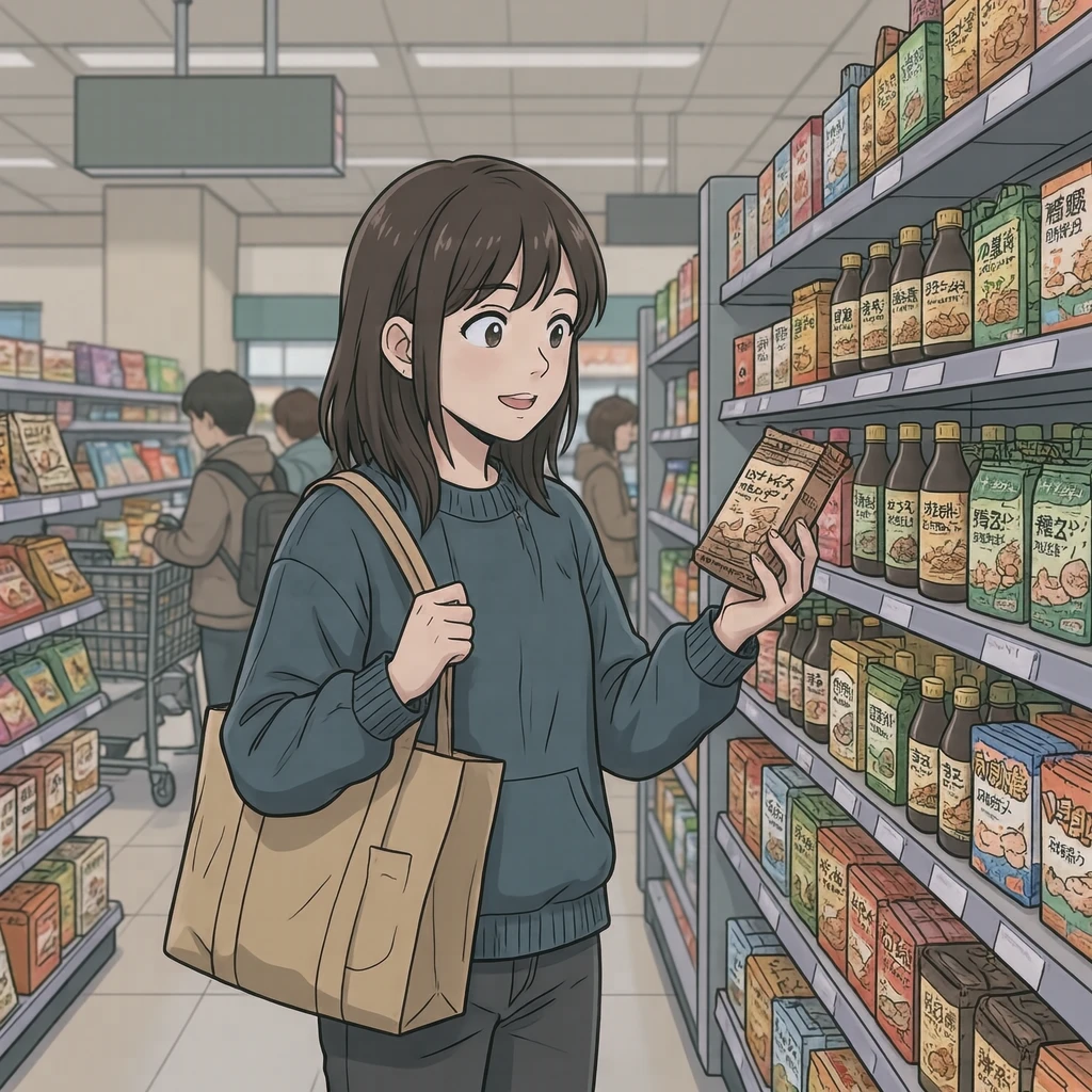 買い物のスーパーで棚の商品を見比べる買い物客のイラスト（アニメ塗り）