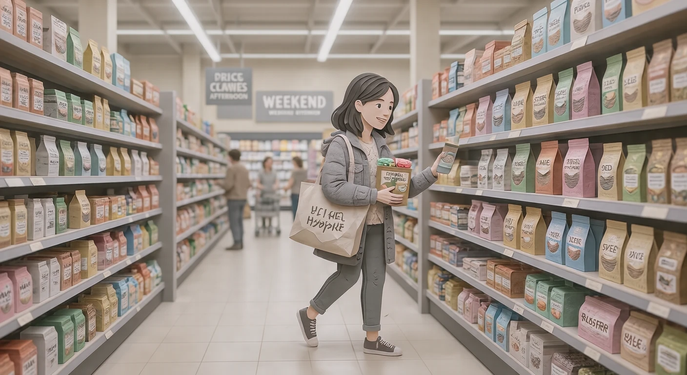 Illustration of one shopper holding a product and looking at the shelf, in a bright supermarket aisle, on a weekend afternoon (paper cut-out)
