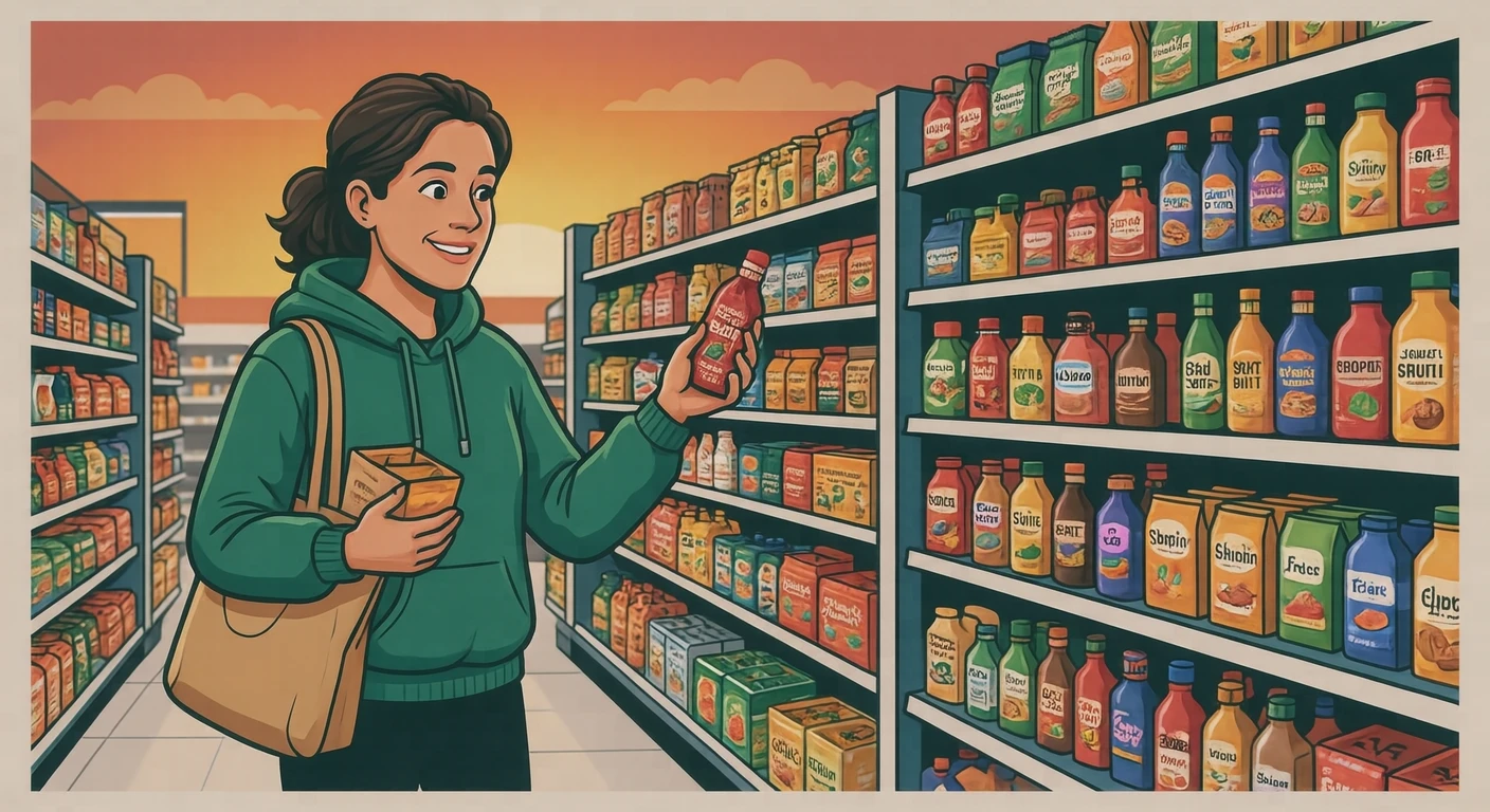 買い物のスーパーで棚の商品を見比べる買い物客のイラスト（グラフィックポスター）