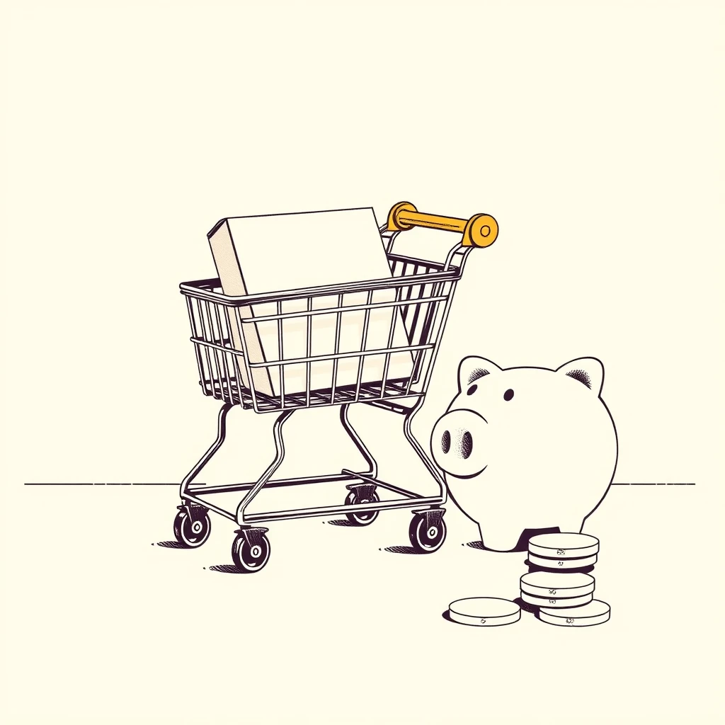買い物カートと貯金箱とコインのイラスト