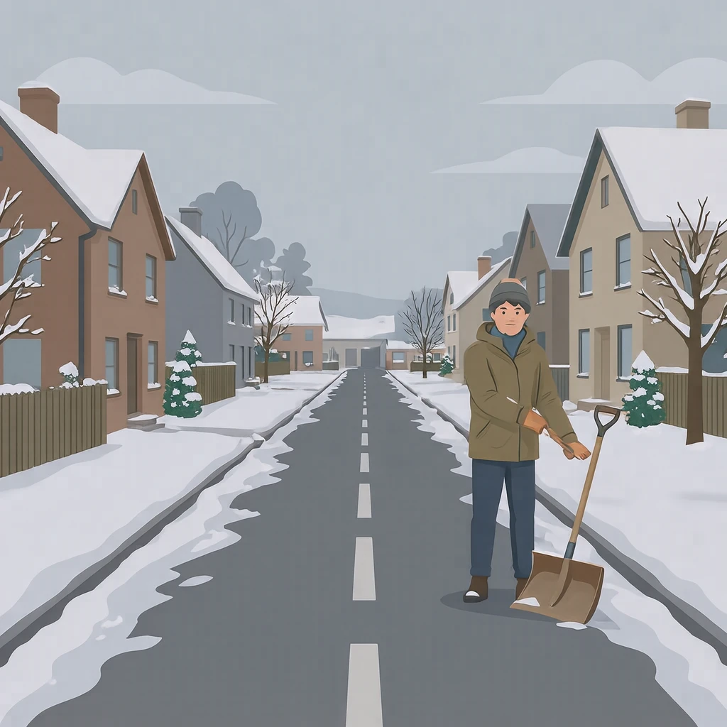 雪かきを終えた住宅街の道と両脇の雪の山のイラスト（フラットイラスト）